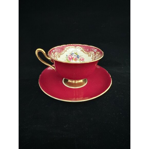 Shelley Bone China Floral Tea Cup & Saucer Set Vintage Deep Red Burgundy & Gold - Picture 3 of 8